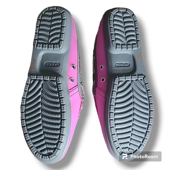 Crocs Wild Orchid Pink Gray Lined Rubber Colorlite Loafers - Picture 4 of 9